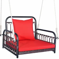 Tangkula Patio Wicker Porch Swing, Single Person Hanging Seat with Seat & Back Cushions