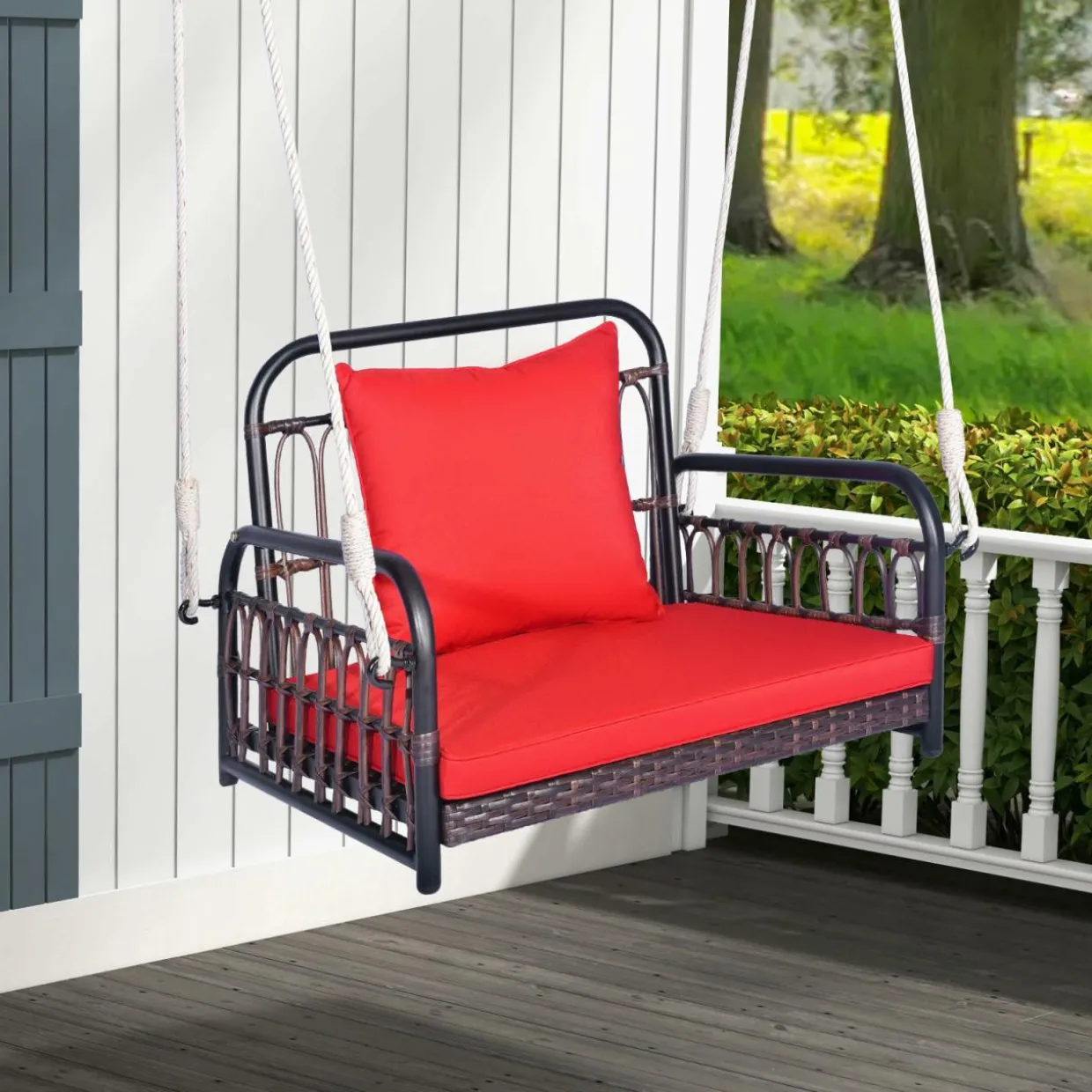 Tangkula Patio Wicker Porch Swing, Single Person Hanging Seat with Seat & Back Cushions