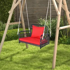 Tangkula Patio Wicker Porch Swing, Single Person Hanging Seat with Seat & Back Cushions