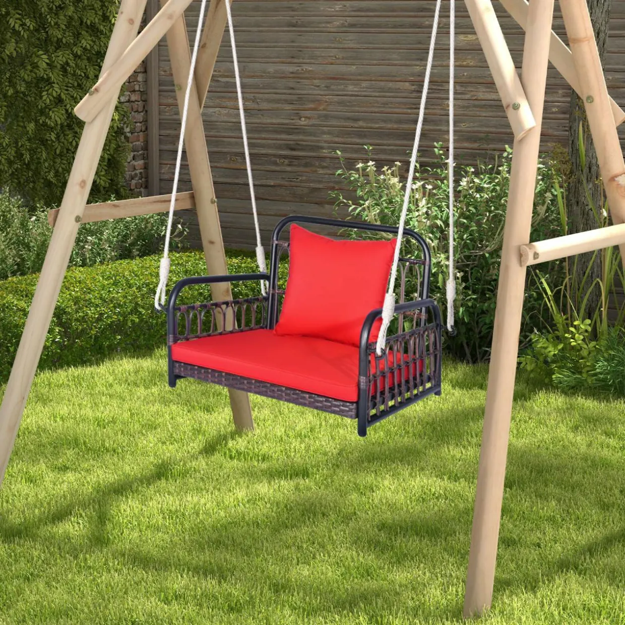 Tangkula Patio Wicker Porch Swing, Single Person Hanging Seat with Seat & Back Cushions