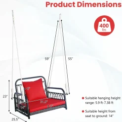 Tangkula Patio Wicker Porch Swing, Single Person Hanging Seat with Seat & Back Cushions