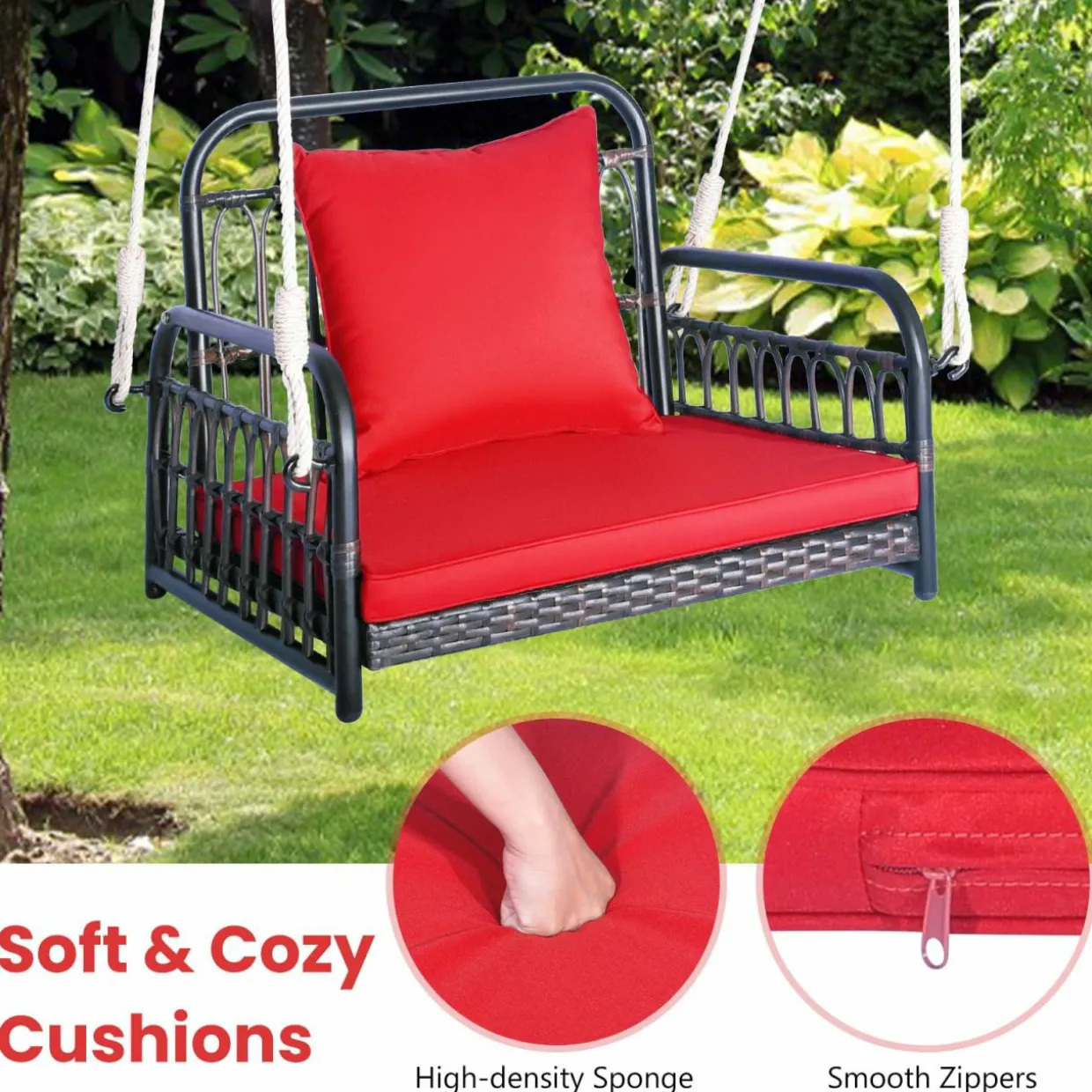 Tangkula Patio Wicker Porch Swing, Single Person Hanging Seat with Seat & Back Cushions