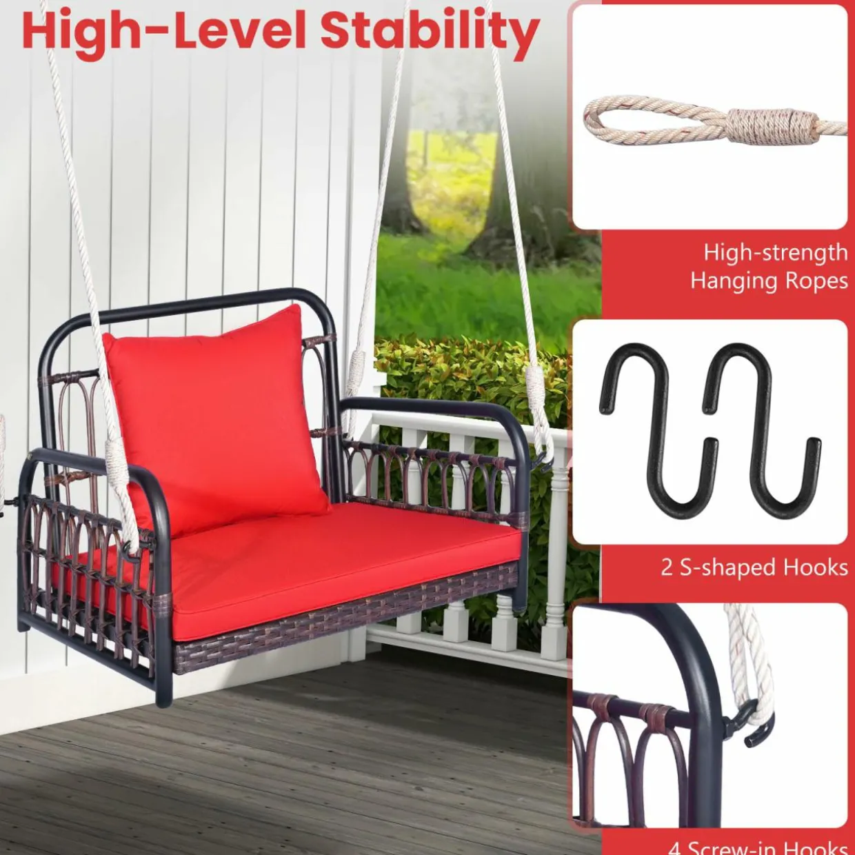 Tangkula Patio Wicker Porch Swing, Single Person Hanging Seat with Seat & Back Cushions