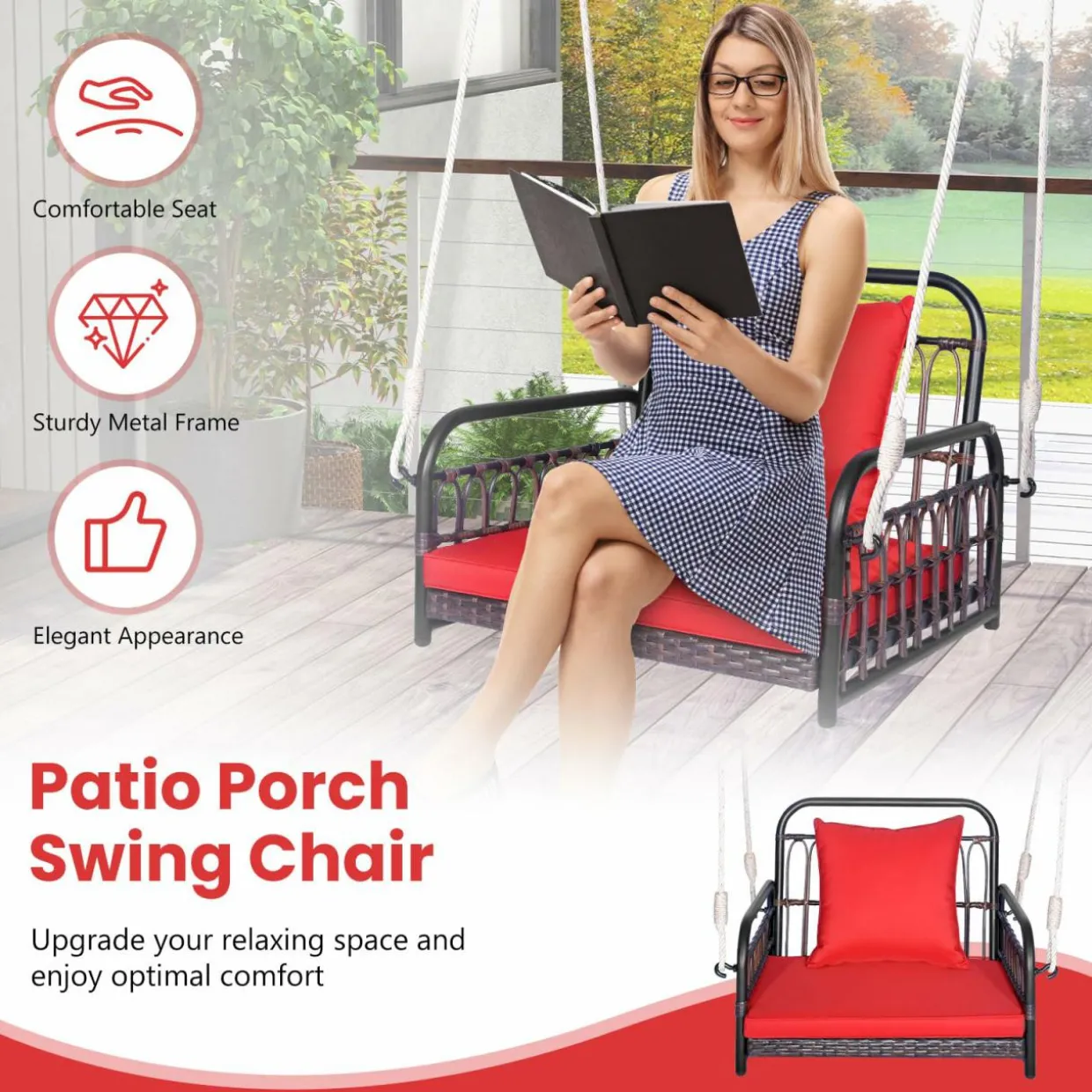 Tangkula Patio Wicker Porch Swing, Single Person Hanging Seat with Seat & Back Cushions