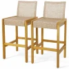 Tangkula Patio Wood Barstools Set of 2, PE Rattan Bar Height Chairs with Backrest