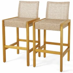 Tangkula Patio Wood Barstools Set of 2, PE Rattan Bar Height Chairs with Backrest