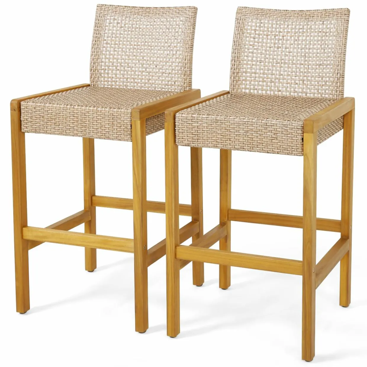 Tangkula Patio Wood Barstools Set of 2, PE Rattan Bar Height Chairs with Backrest