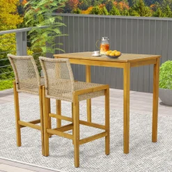Tangkula Patio Wood Barstools Set of 2, PE Rattan Bar Height Chairs with Backrest