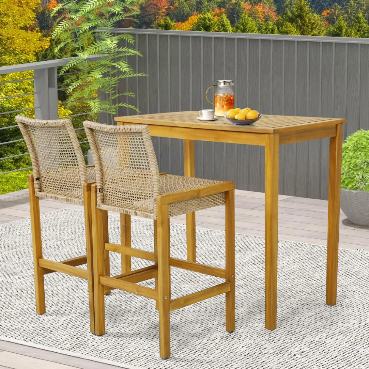 Tangkula Patio Wood Barstools Set of 2, PE Rattan Bar Height Chairs with Backrest