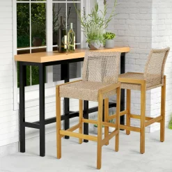 Tangkula Patio Wood Barstools Set of 2, PE Rattan Bar Height Chairs with Backrest