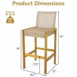Tangkula Patio Wood Barstools Set of 2, PE Rattan Bar Height Chairs with Backrest