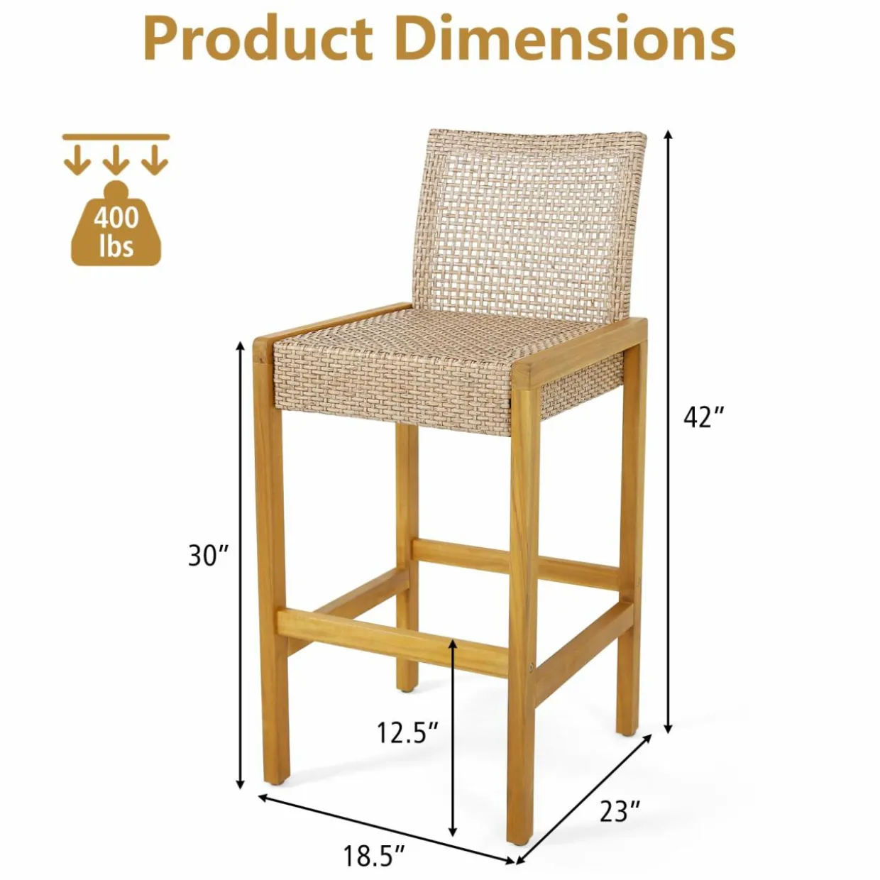 Tangkula Patio Wood Barstools Set of 2, PE Rattan Bar Height Chairs with Backrest