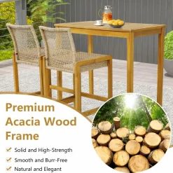 Tangkula Patio Wood Barstools Set of 2, PE Rattan Bar Height Chairs with Backrest