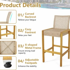 Tangkula Patio Wood Barstools Set of 2, PE Rattan Bar Height Chairs with Backrest