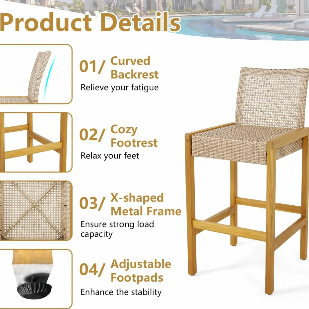 Tangkula Patio Wood Barstools Set of 2, PE Rattan Bar Height Chairs with Backrest