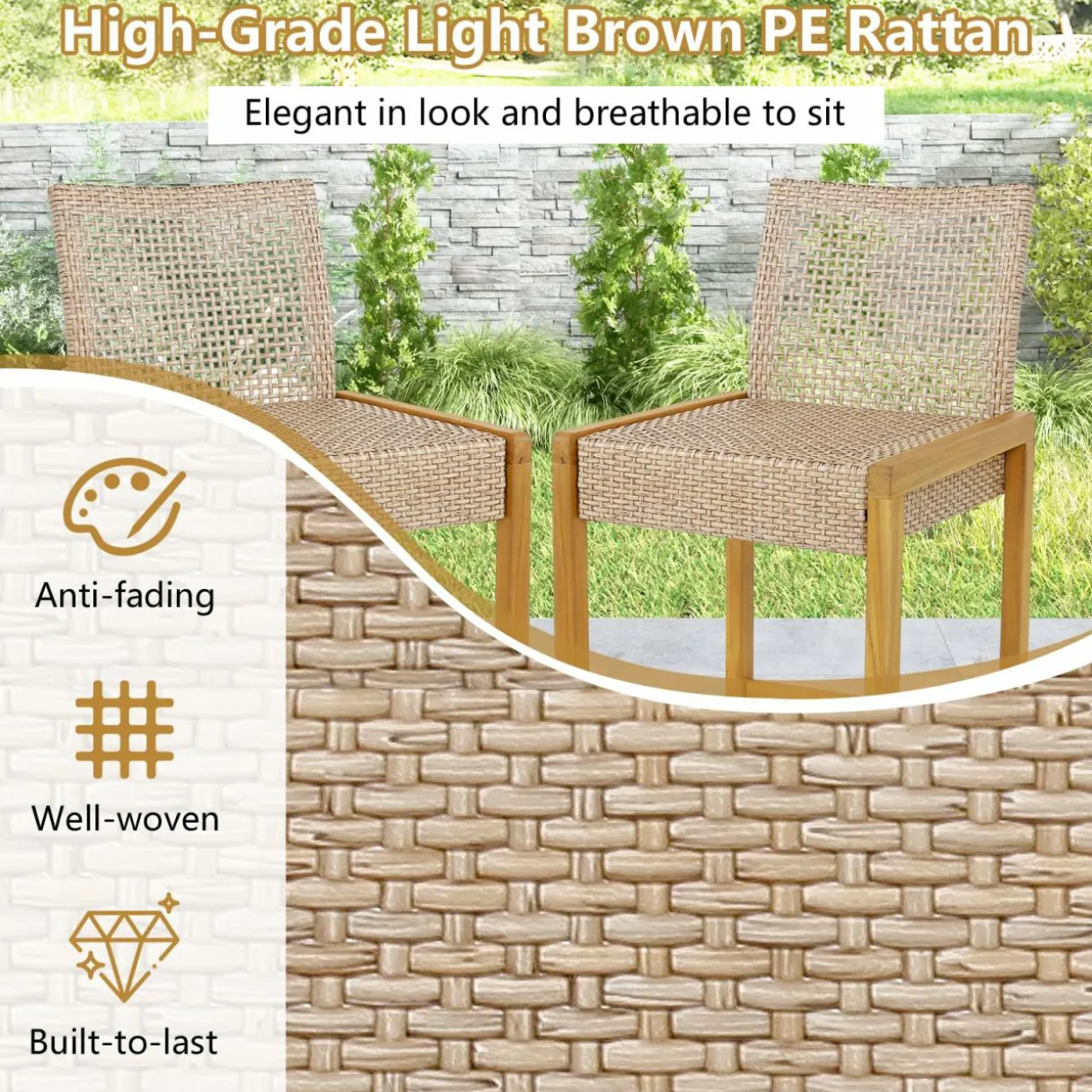 Tangkula Patio Wood Barstools Set of 2, PE Rattan Bar Height Chairs with Backrest