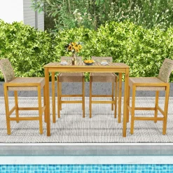 Tangkula Patio Wood Barstools Set of 2, PE Rattan Bar Height Chairs with Backrest