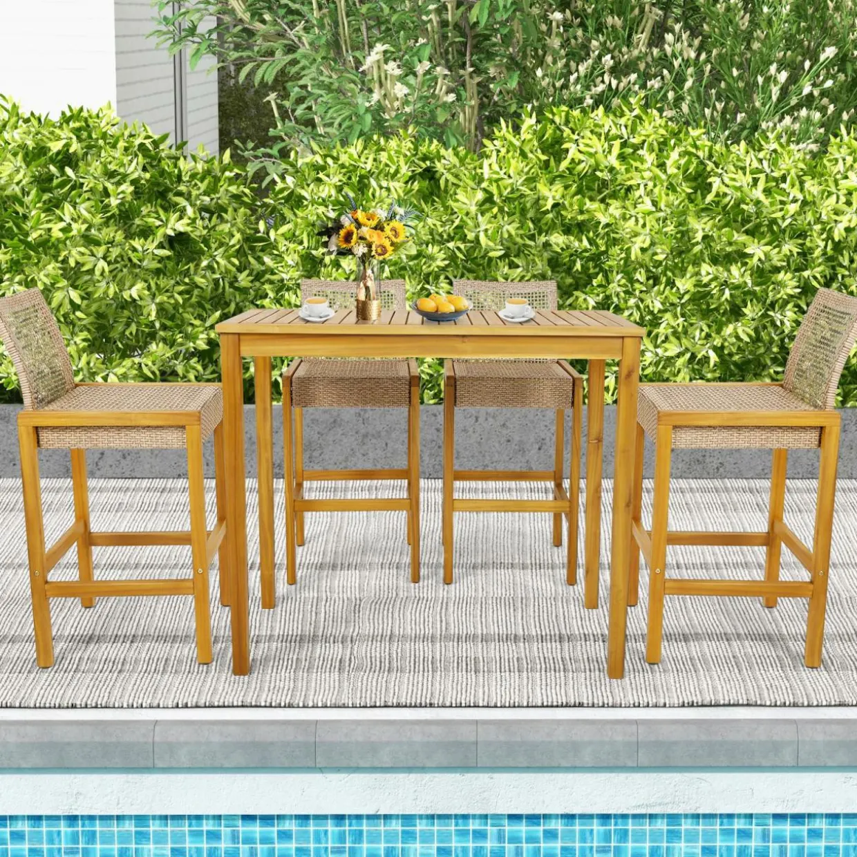 Tangkula Patio Wood Barstools Set of 2, PE Rattan Bar Height Chairs with Backrest