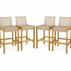 Tangkula Patio Wood Barstools Set of 2, PE Rattan Bar Height Chairs with Backrest
