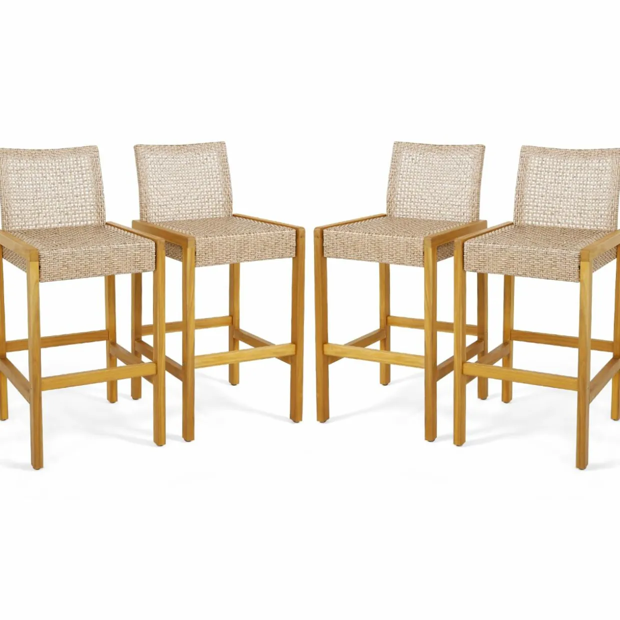 Tangkula Patio Wood Barstools Set of 2, PE Rattan Bar Height Chairs with Backrest