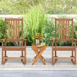 Tangkula Patio Wood Bistro Set, Outdoor 2pcs Rocking Chair & Folding Square Table Set with Slatted Seat & Tabletop