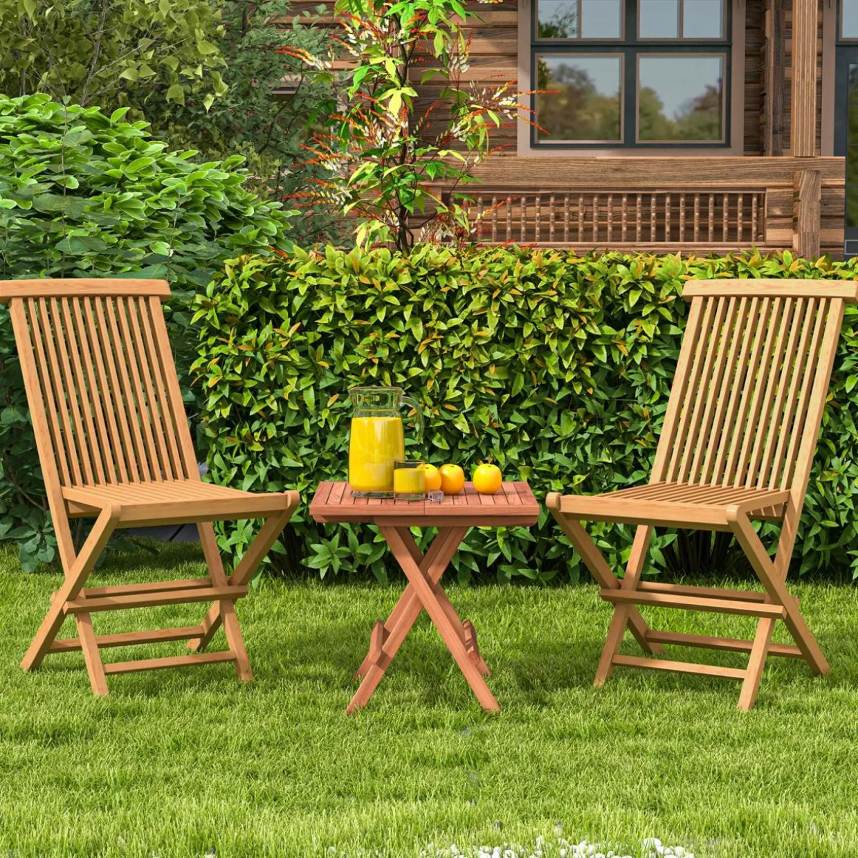 Tangkula Patio Wood Bistro Set, Teak Wood Folding Chair & Square Table Set with Slatted Seat & Tabletop