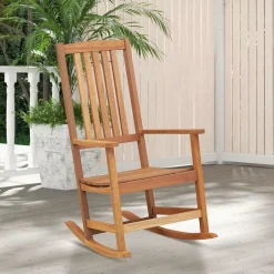 Tangkula Patio Wood Bistro Set, Outdoor 2pcs Rocking Chair & Folding Square Table Set with Slatted Seat & Tabletop
