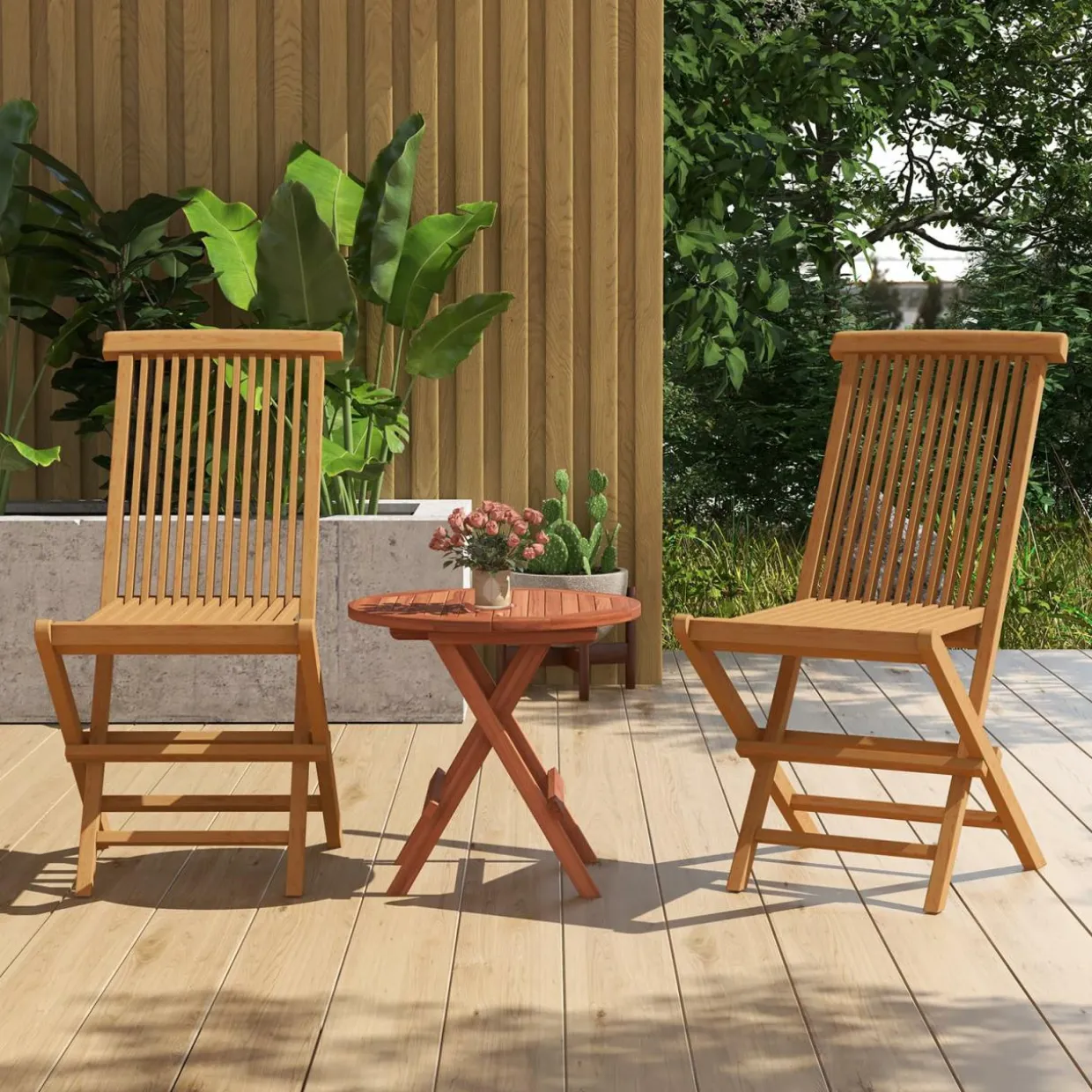 Tangkula Patio Wood Bistro Set, Teak Wood Folding Chair & Square Table Set with Slatted Seat & Tabletop