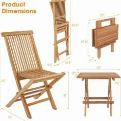 Tangkula Patio Wood Bistro Set, Teak Wood Folding Chair & Square Table Set with Slatted Seat & Tabletop