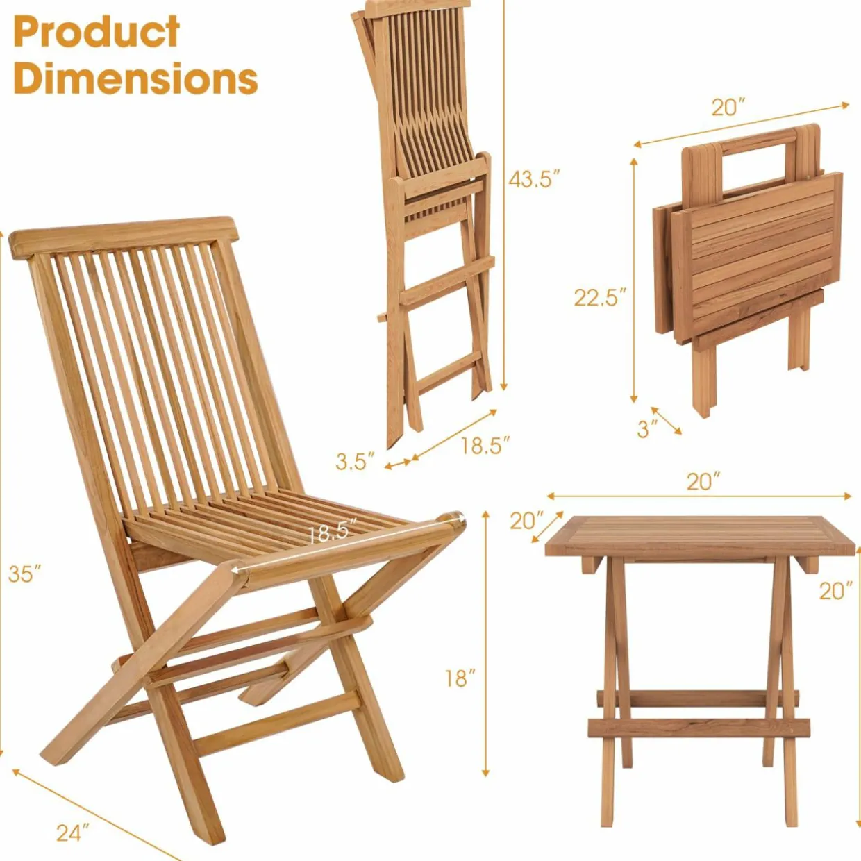 Tangkula Patio Wood Bistro Set, Teak Wood Folding Chair & Square Table Set with Slatted Seat & Tabletop
