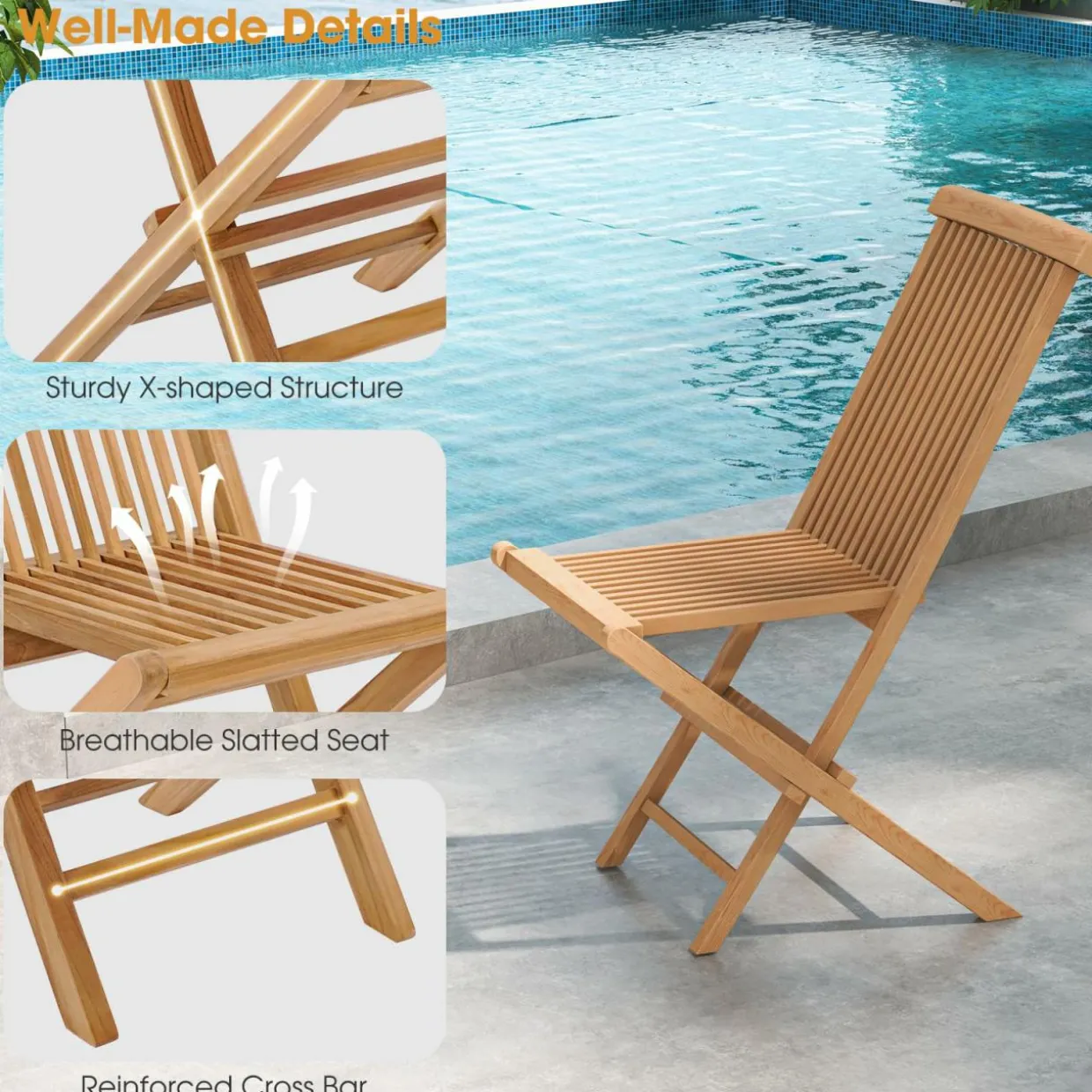 Tangkula Patio Wood Bistro Set, Teak Wood Folding Chair & Square Table Set with Slatted Seat & Tabletop