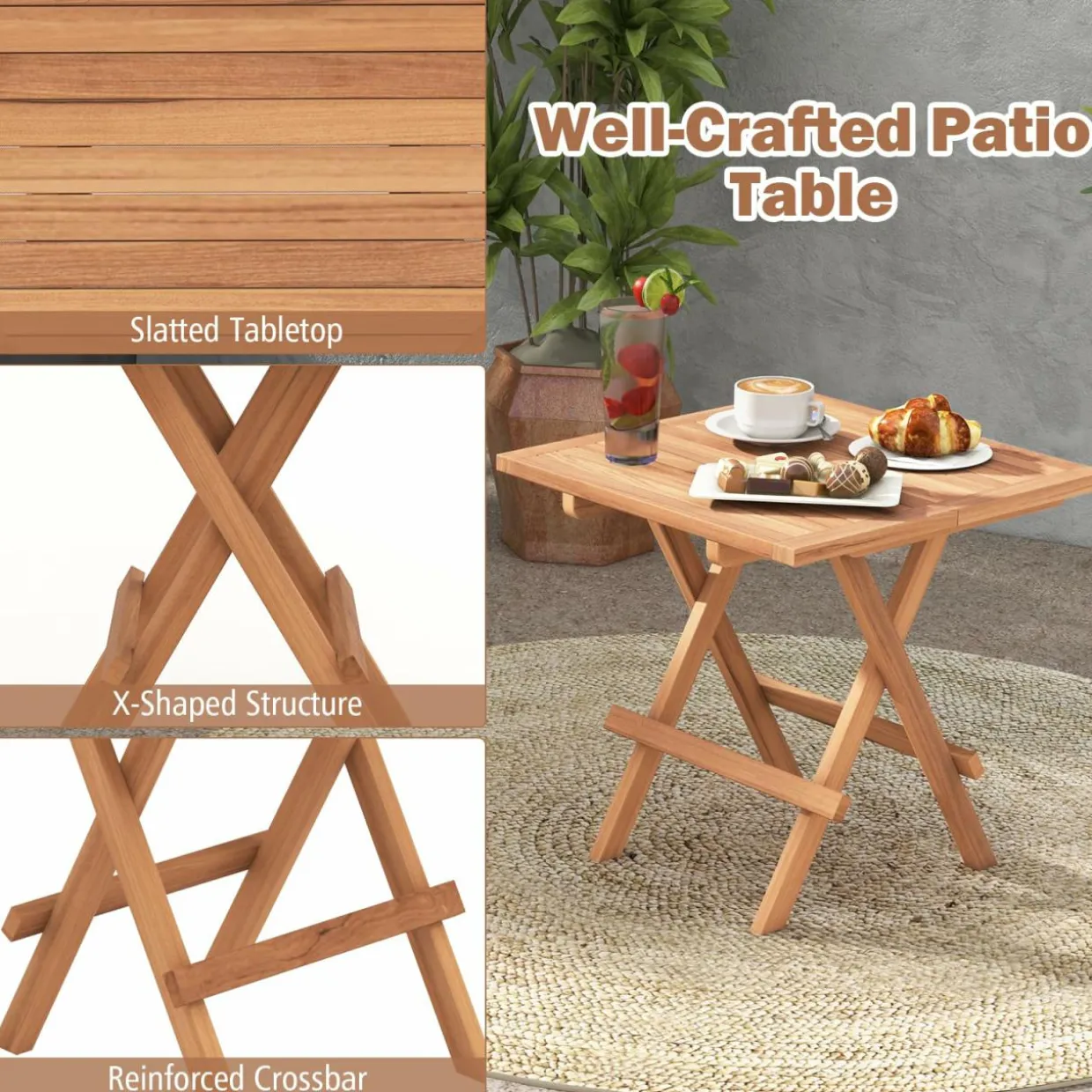 Tangkula Patio Wood Bistro Set, Teak Wood Folding Chair & Square Table Set with Slatted Seat & Tabletop