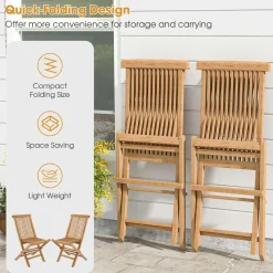 Tangkula Patio Wood Bistro Set, Teak Wood Folding Chair & Square Table Set with Slatted Seat & Tabletop