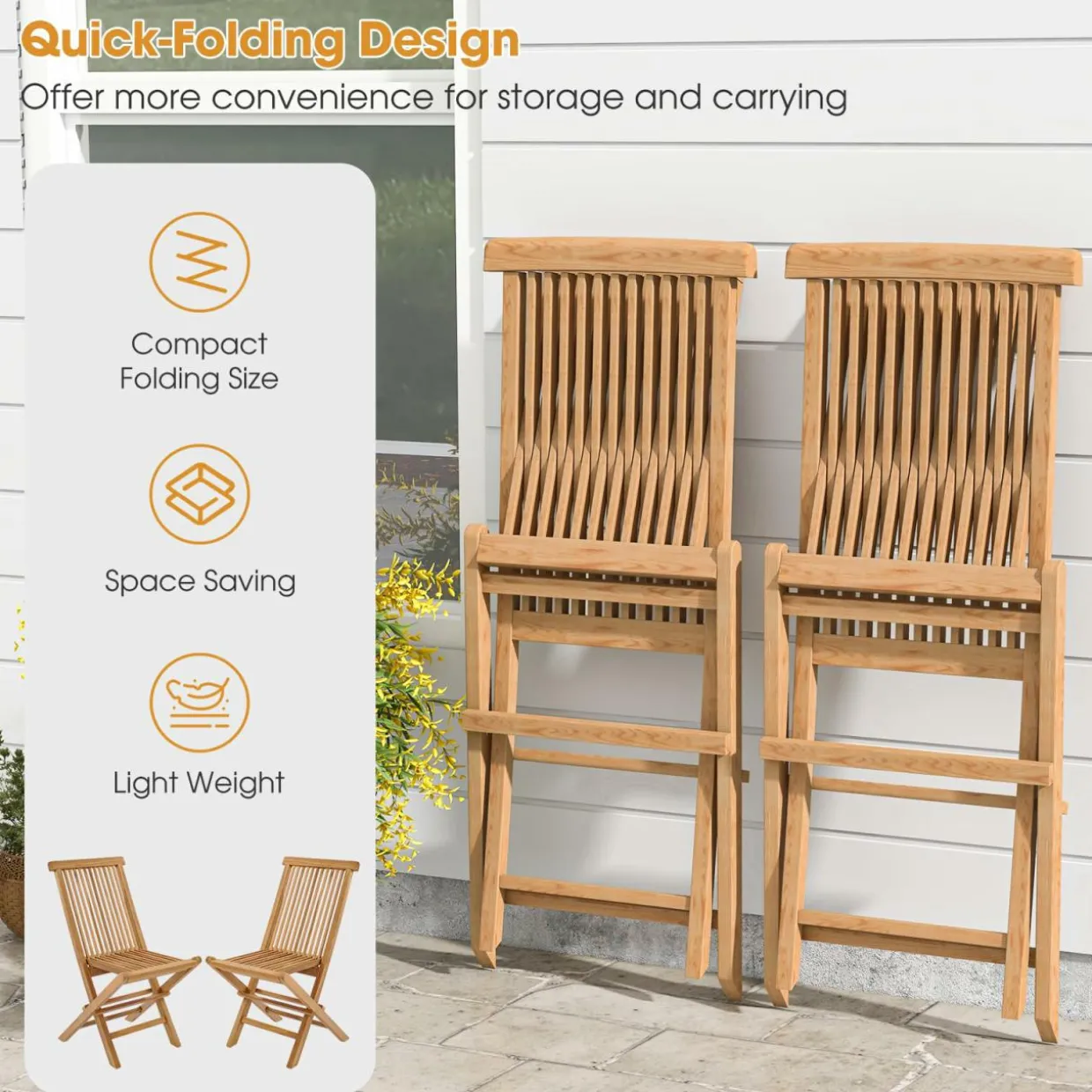 Tangkula Patio Wood Bistro Set, Teak Wood Folding Chair & Square Table Set with Slatted Seat & Tabletop