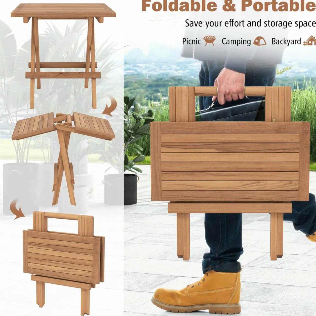 Tangkula Patio Wood Bistro Set, Teak Wood Folding Chair & Square Table Set with Slatted Seat & Tabletop