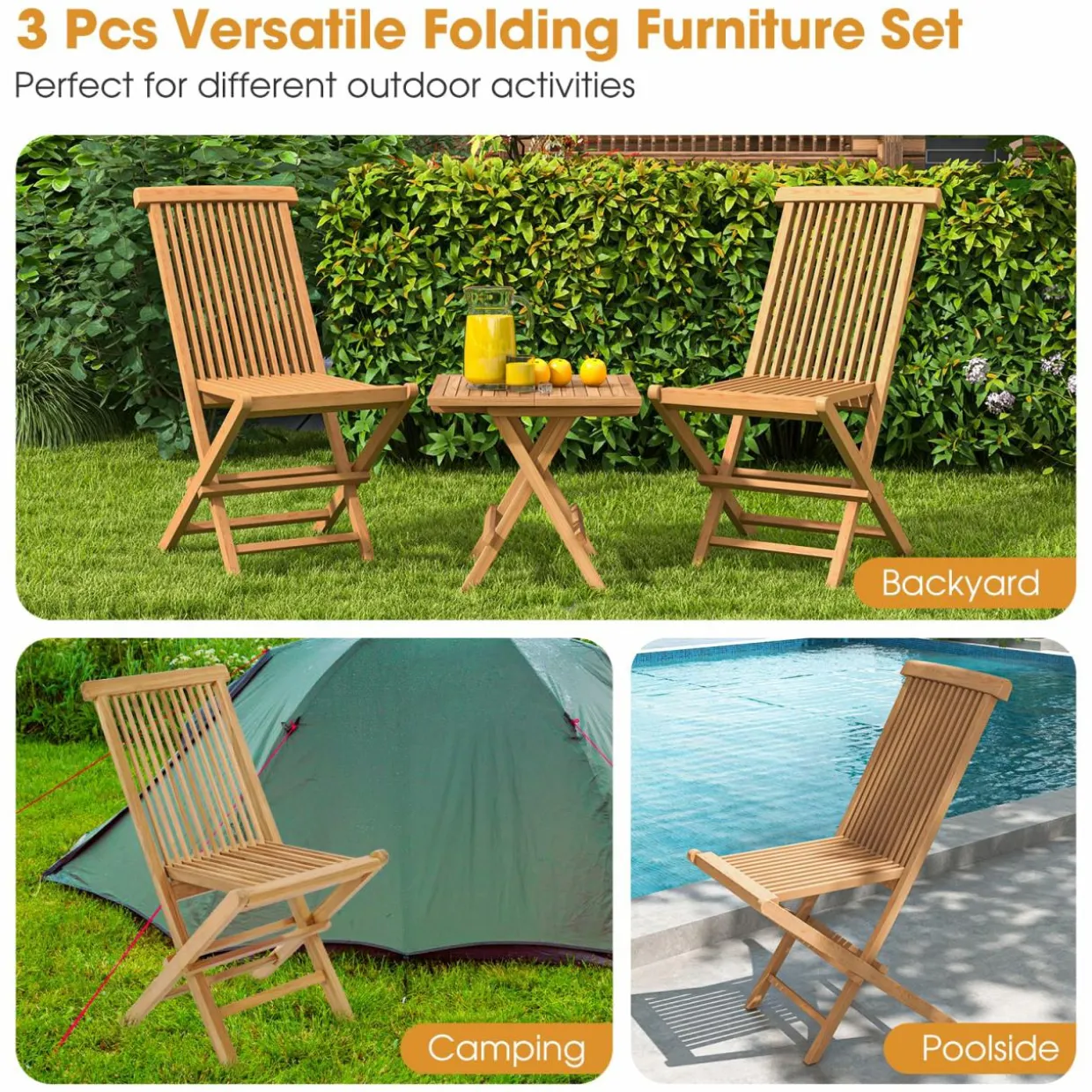 Tangkula Patio Wood Bistro Set, Teak Wood Folding Chair & Square Table Set with Slatted Seat & Tabletop