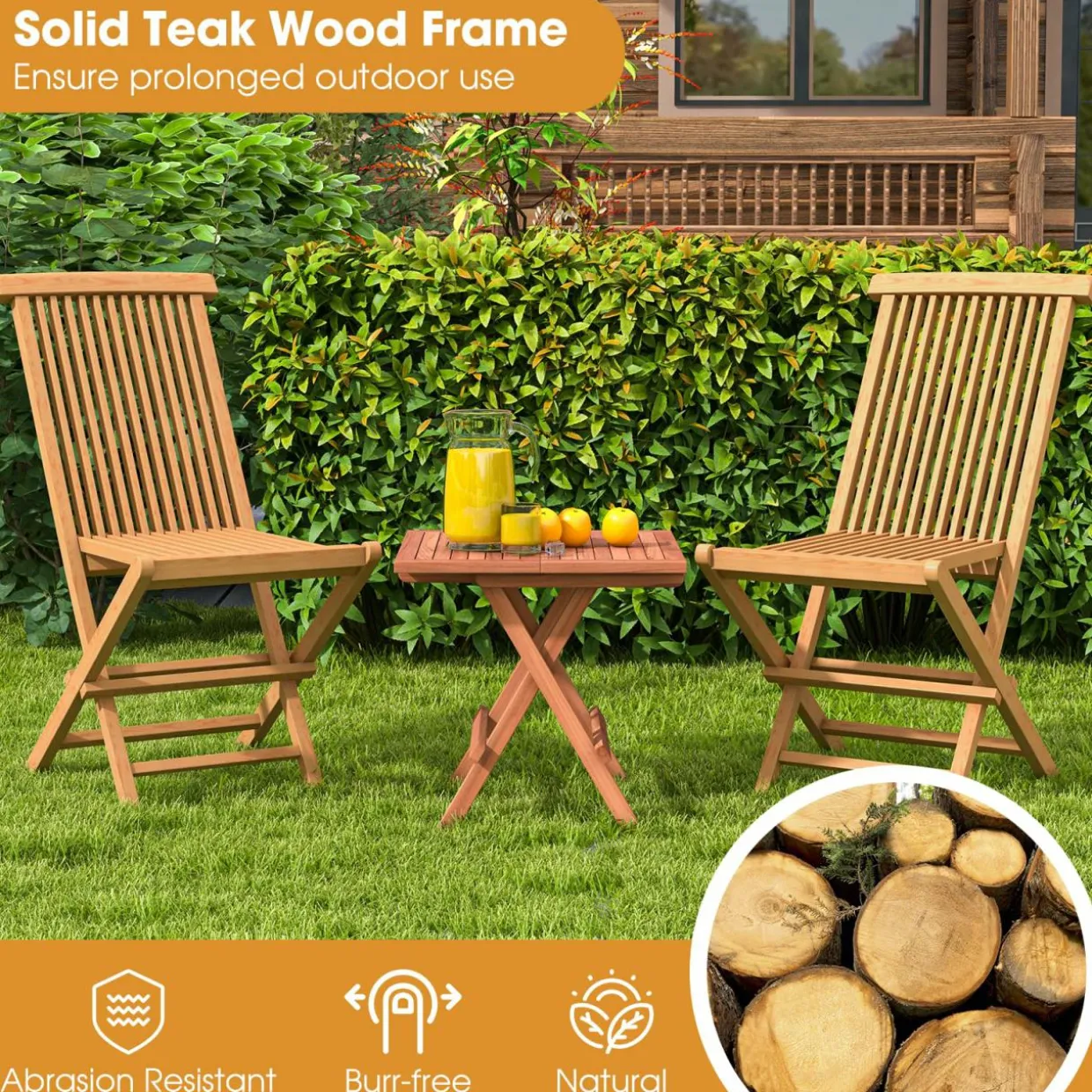 Tangkula Patio Wood Bistro Set, Teak Wood Folding Chair & Square Table Set with Slatted Seat & Tabletop