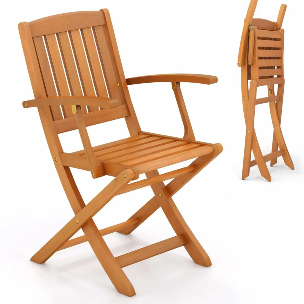 Tangkula Patio Wood Folding Chair , Outdoor Eucalyptus Wood Dining Chairs w/Armrests & Slatted Seat