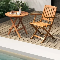 Tangkula Patio Wood Folding Chair , Outdoor Eucalyptus Wood Dining Chairs w/Armrests & Slatted Seat