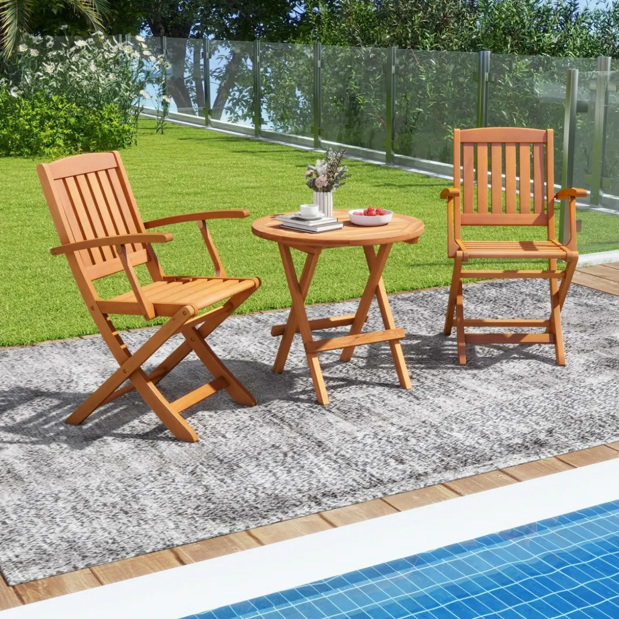 Tangkula Patio Wood Folding Chair , Outdoor Eucalyptus Wood Dining Chairs w/Armrests & Slatted Seat