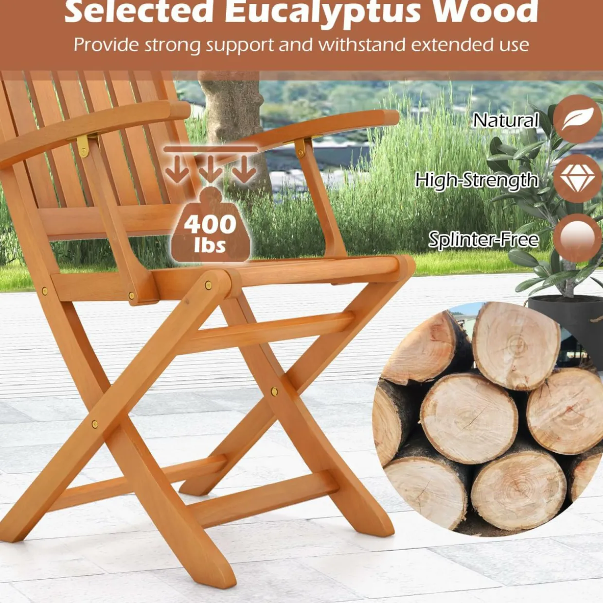 Tangkula Patio Wood Folding Chair , Outdoor Eucalyptus Wood Dining Chairs w/Armrests & Slatted Seat