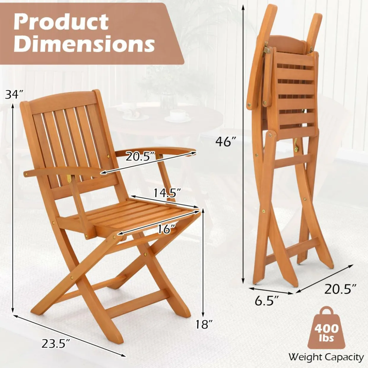 Tangkula Patio Wood Folding Chair , Outdoor Eucalyptus Wood Dining Chairs w/Armrests & Slatted Seat