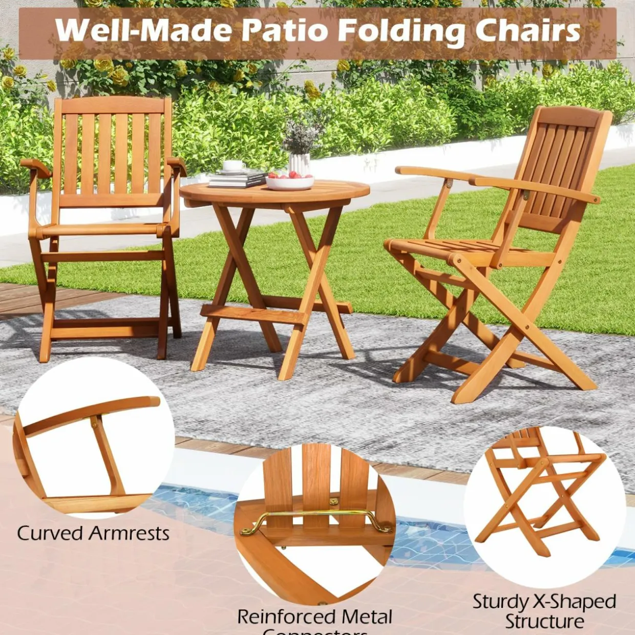 Tangkula Patio Wood Folding Chair , Outdoor Eucalyptus Wood Dining Chairs w/Armrests & Slatted Seat