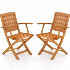 Tangkula Patio Wood Folding Chair , Outdoor Eucalyptus Wood Dining Chairs w/Armrests & Slatted Seat
