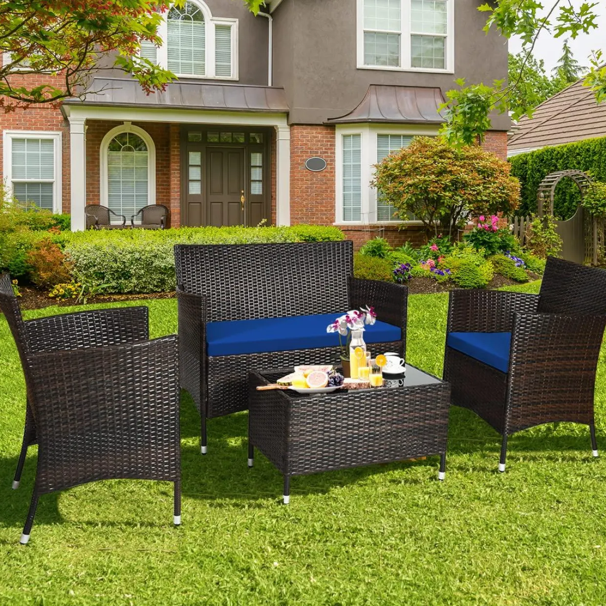 Tangkula 4-PCS or 8-PCS Patio Rattan Conversation Set, Outdoor Wicker Furniture Set with Tempered Glass Coffee Table &Thick Cushion
