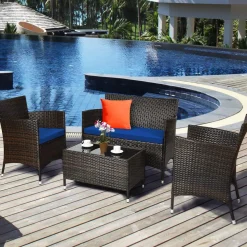 Tangkula 4-PCS or 8-PCS Patio Rattan Conversation Set, Outdoor Wicker Furniture Set with Tempered Glass Coffee Table &Thick Cushion