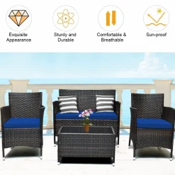 Tangkula 4-PCS or 8-PCS Patio Rattan Conversation Set, Outdoor Wicker Furniture Set with Tempered Glass Coffee Table &Thick Cushion