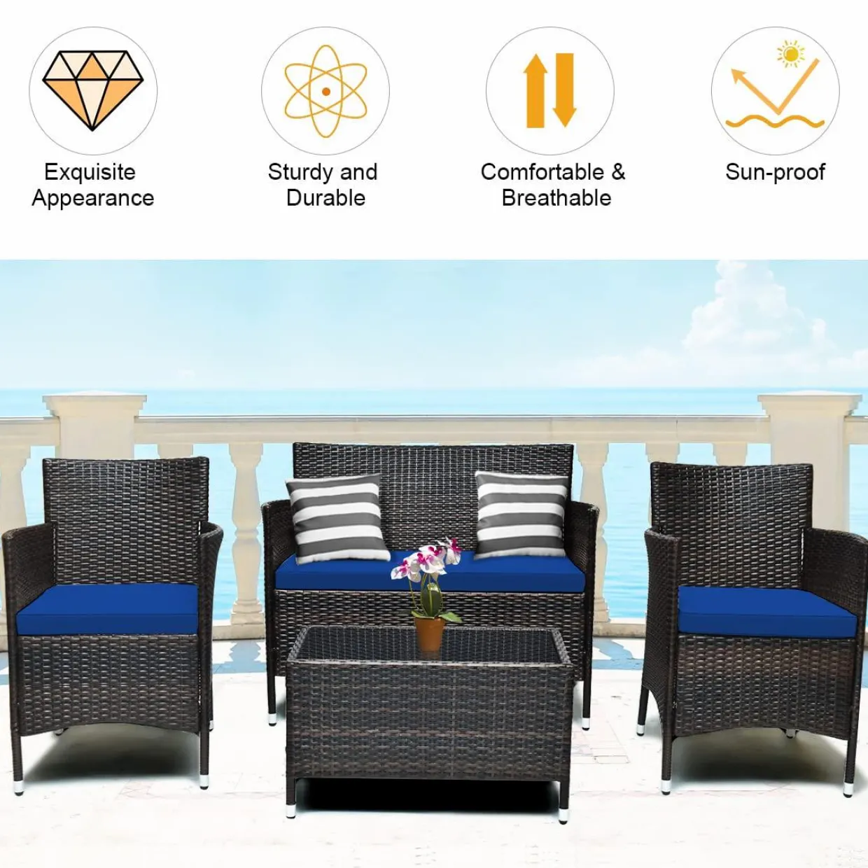 Tangkula 4-PCS or 8-PCS Patio Rattan Conversation Set, Outdoor Wicker Furniture Set with Tempered Glass Coffee Table &Thick Cushion
