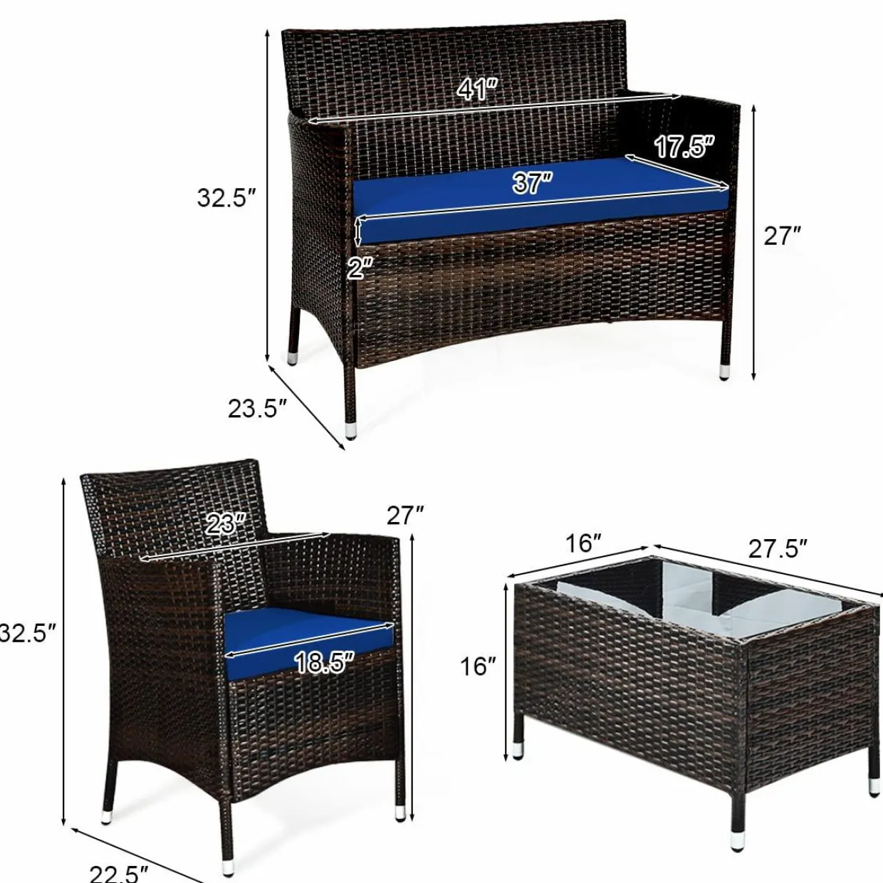 Tangkula 4-PCS or 8-PCS Patio Rattan Conversation Set, Outdoor Wicker Furniture Set with Tempered Glass Coffee Table &Thick Cushion