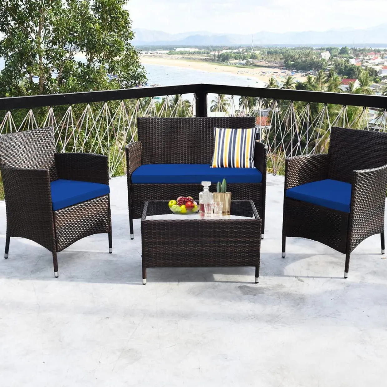 Tangkula 4-PCS or 8-PCS Patio Rattan Conversation Set, Outdoor Wicker Furniture Set with Tempered Glass Coffee Table &Thick Cushion